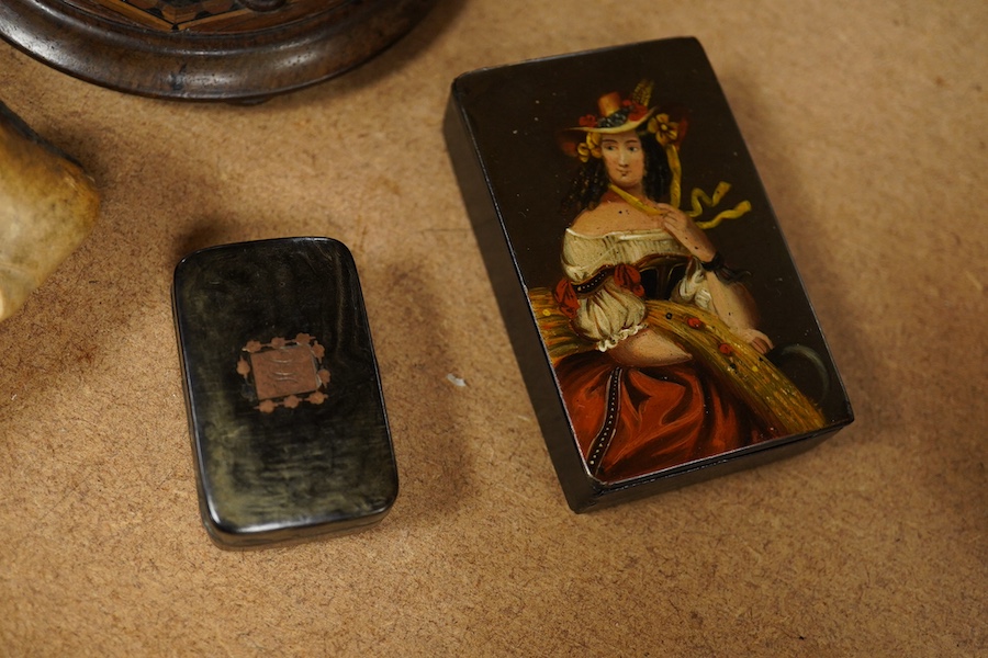 Sundry items to include a Tunbridge ware inkwell, a yellow metal inlaid box and a pipe with amber mouthpiece, largest 15cm. Condition - fair/good